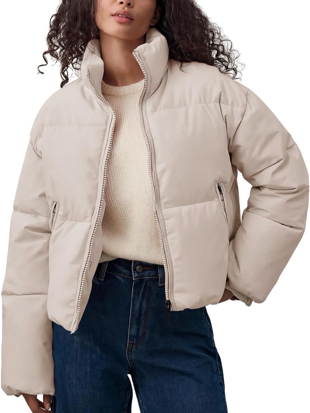 Women's Cream Short Puffer Jacket with High Collar
